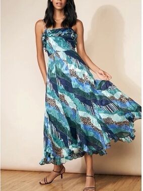 Anthropologie Hutch Teal and Navy Ocean Mixed-Print Maxi Dress 8